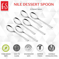 FNS Nile Dessert Spoon 12-piece set infographic showing food grade safe, easy to clean, dishwasher safe, mirror finish, and durable stainless steel features