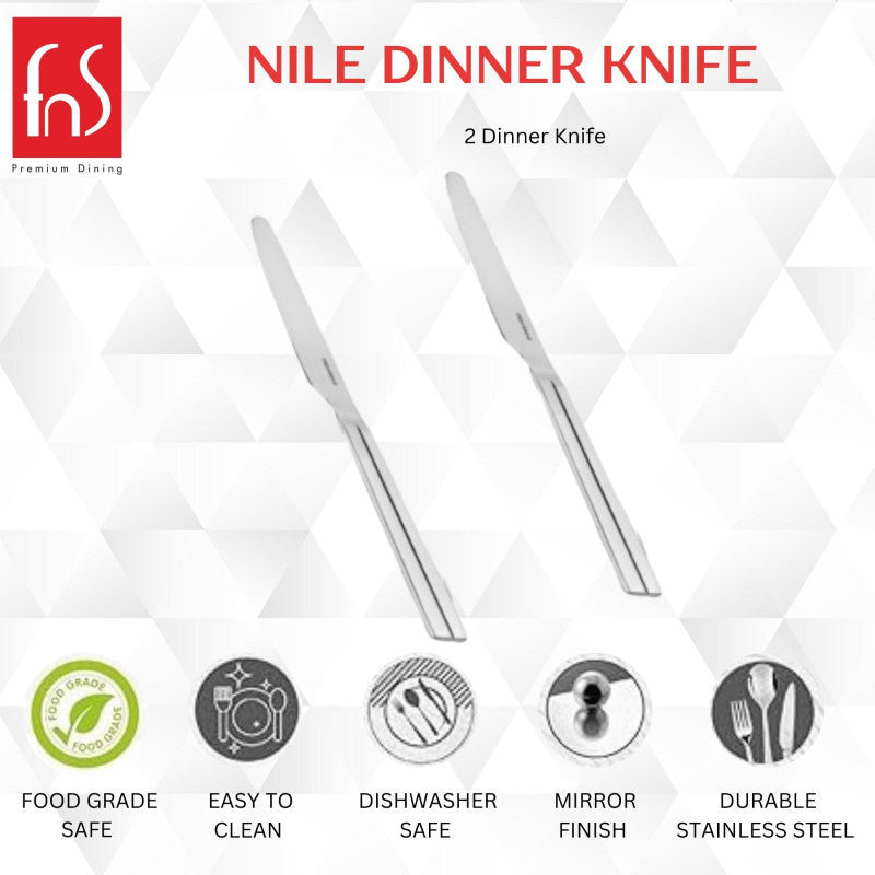 FnS Nile Dinner Knife set of two highlighting food-grade safe, easy clean, dishwasher safe, mirror finish, durable stainless steel features.