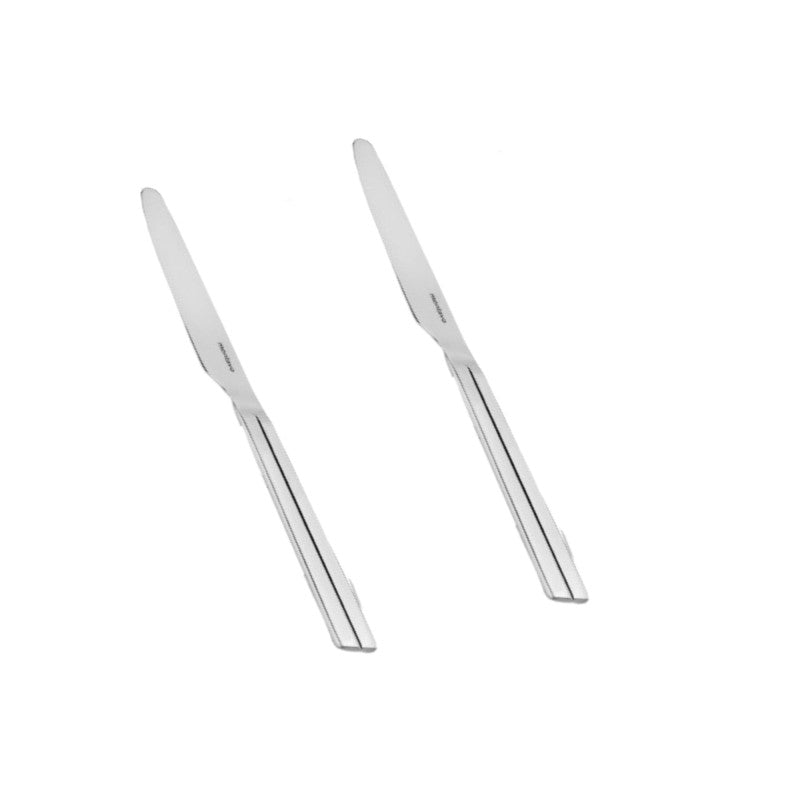 Pair of mirror-finish stainless steel Nile dinner knives with contemporary elongated handles featuring subtle linear design detail on white background.