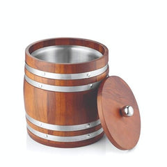 Oak barrel design ice bucket with chrome metal bands and matching wooden lid with knob handle on white background