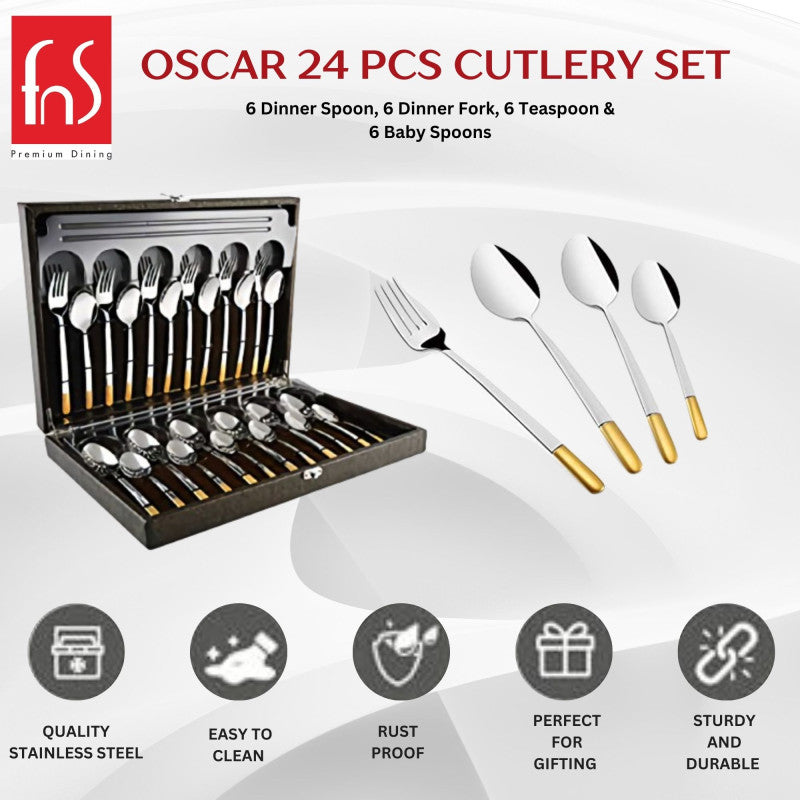 Oscar 24-piece cutlery set in black case, stainless steel with gold handles, durable and rustproof.