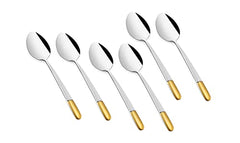 Six large stainless steel spoons featuring mirror-polished heads and matte gold-toned handles.