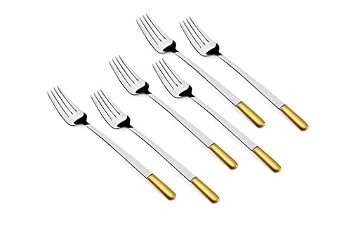 Set of six stainless steel dinner forks featuring sleek design and gold-plated handles for a premium look.