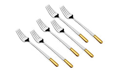 Set of six stainless steel dinner forks featuring sleek design and gold-plated handles for a premium look.