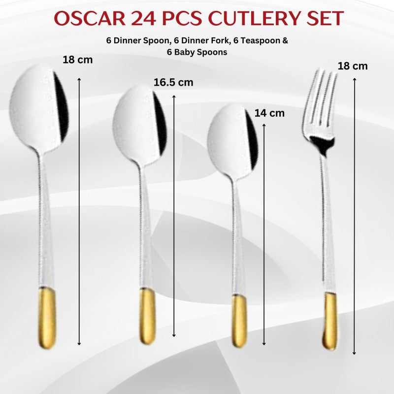 Cutlery dimensions: 18cm dinner spoon, 16.5cm baby spoon, 14cm teaspoon, 18cm dinner fork, gold handles.