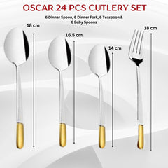 Cutlery dimensions: 18cm dinner spoon, 16.5cm baby spoon, 14cm teaspoon, 18cm dinner fork, gold handles.