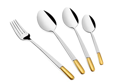 Modern four-piece cutlery set with gold handles: fork, dinner spoon, dessert spoon, and teaspoon included.