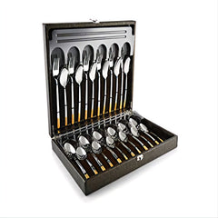 Complete gold-handled cutlery set in storage box shown open against a clean white background.