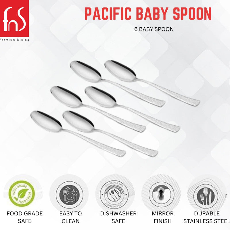 Pacific baby spoon 6-piece set infographic showing food grade safe, easy to clean, dishwasher safe, mirror finish, and durable stainless steel features