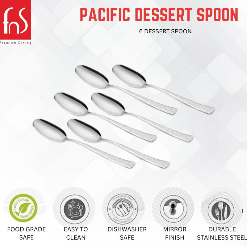 Six Pacific stainless steel dessert spoons with textured handles arranged diagonally on a white background.