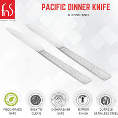 Premium dining brand logo with product title "Pacific Dinner Knife" featuring two silver knives and five feature icons highlighting food grade safety, easy cleaning, dishwasher safe, mirror finish, and durable stainless steel construction.