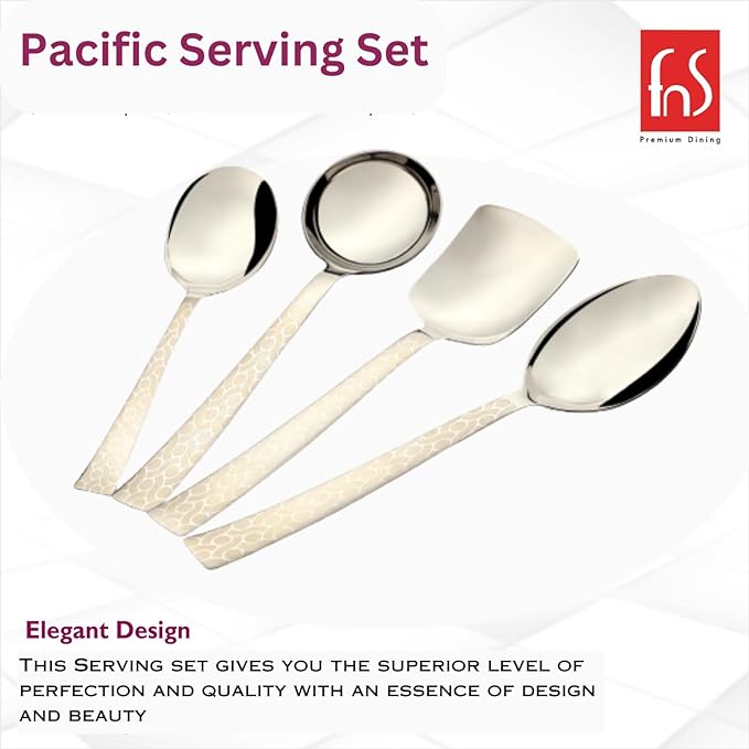 Pacific Serving Set by FNS Premium Dining showcasing elegant design with 4-piece stainless steel collection and textured handles