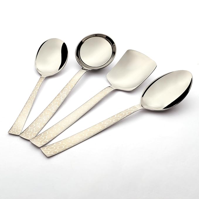 Stainless steel Pacific serving collection including two serving spoons, ladle, and spatula with elegant textured pattern handles