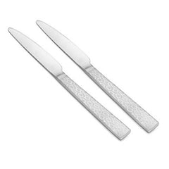 Pair of elegant silver dinner knives with hammered texture handles and polished white blades displayed at angle against neutral white background for product presentation.