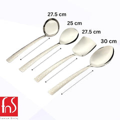 Size guide for pebble serving set showing dimensions from 25cm to 30cm for each utensil piece