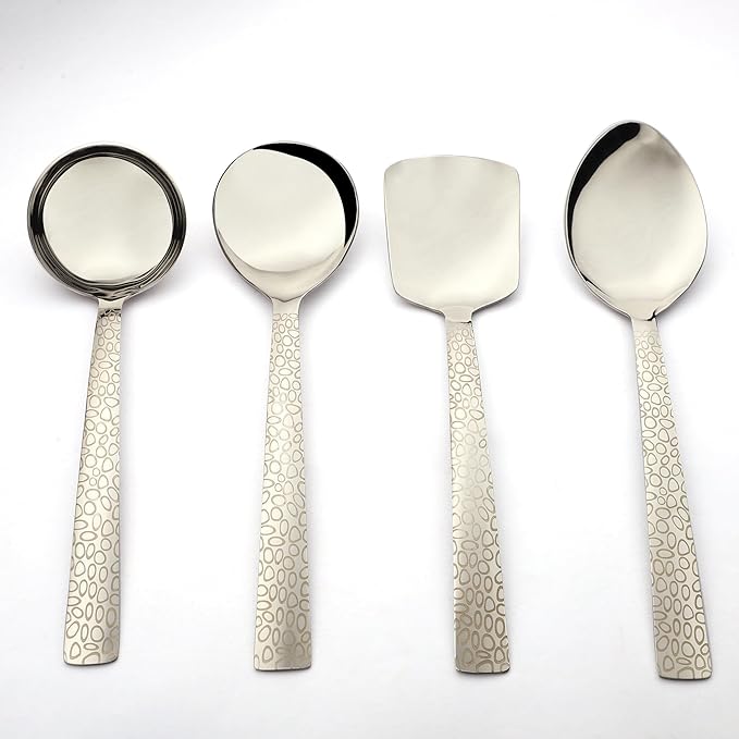 Four-piece pebble serving set with mirror-polished stainless steel heads and decorative pebble-textured handles laid flat