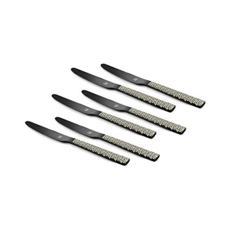 Set of six black dinner knives with patterned textured handles displayed at angle on white background showcasing premium design and elegant presentation for product photography.