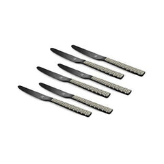 Set of six black dinner knives with patterned textured handles displayed at angle on white background showcasing premium design and elegant presentation for product photography.