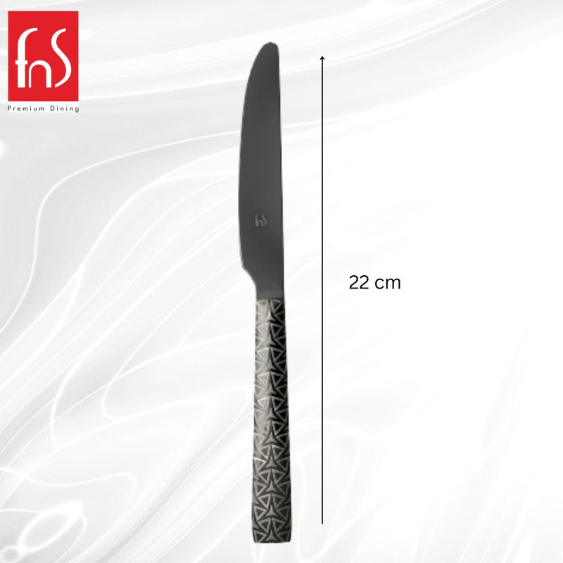 Single black Phoenix dinner knife with decorative textured handle displayed in profile view with measurement line indicating total length of 22 centimeters on light background.