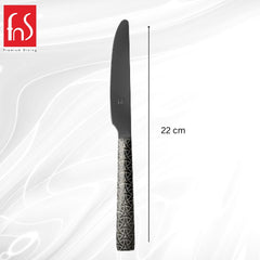 Single black Phoenix dinner knife with decorative textured handle displayed in profile view with measurement line indicating total length of 22 centimeters on light background.