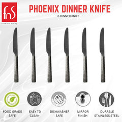 Premium dining brand logo with Phoenix Dinner Knife product title featuring six black knives with textured handles, highlighting features: food grade safe, easy to clean, dishwasher safe, mirror finish, and durable stainless steel.