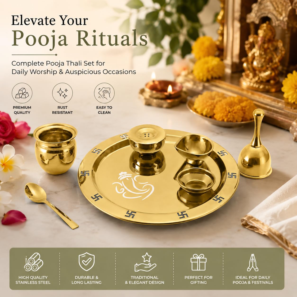 FnS Vandan 7-Pc Gold Stainless Steel Pooja Thali Set with Box