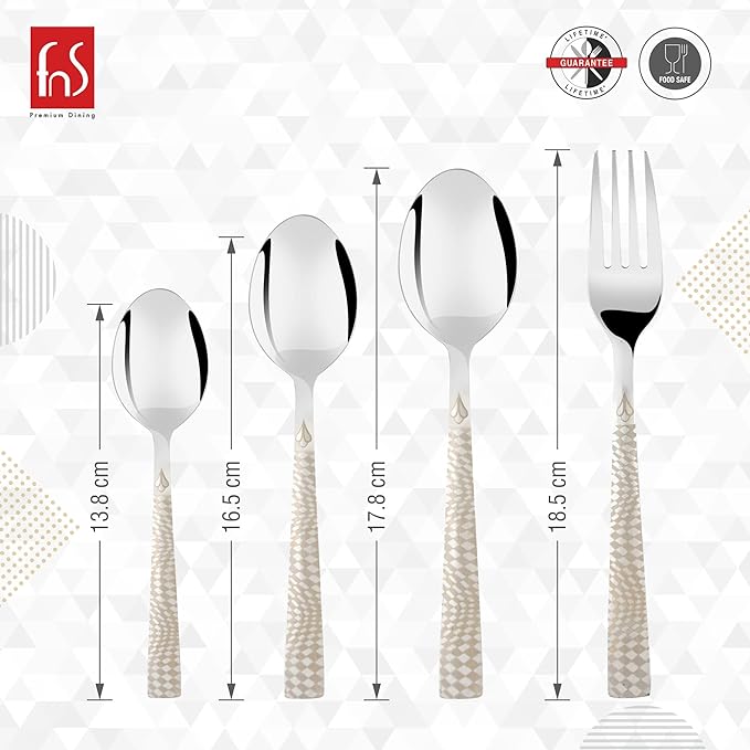 Four silver cutlery pieces with textured handles shown with individual height measurements in centimeters.