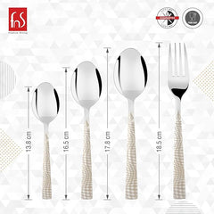 Four silver cutlery pieces with textured handles shown with individual height measurements in centimeters.