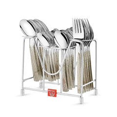 Complete stainless steel cutlery set with patterned handles neatly arranged in metal stand for kitchen organization.