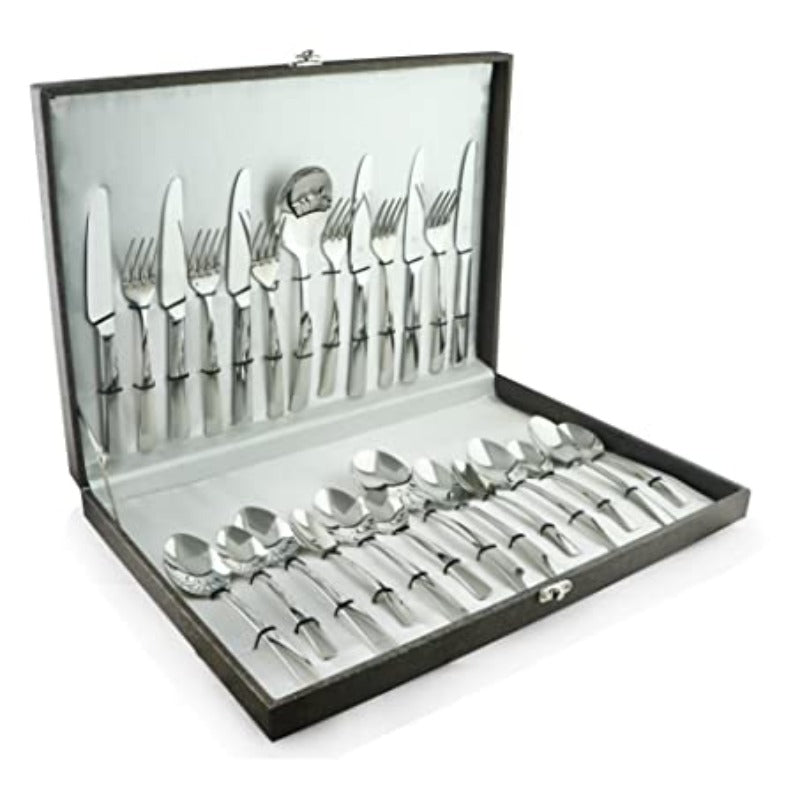 Polished stainless steel cutlery set neatly arranged in a sleek black presentation box with white interior.