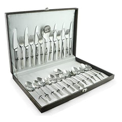 Polished stainless steel cutlery set neatly arranged in a sleek black presentation box with white interior.