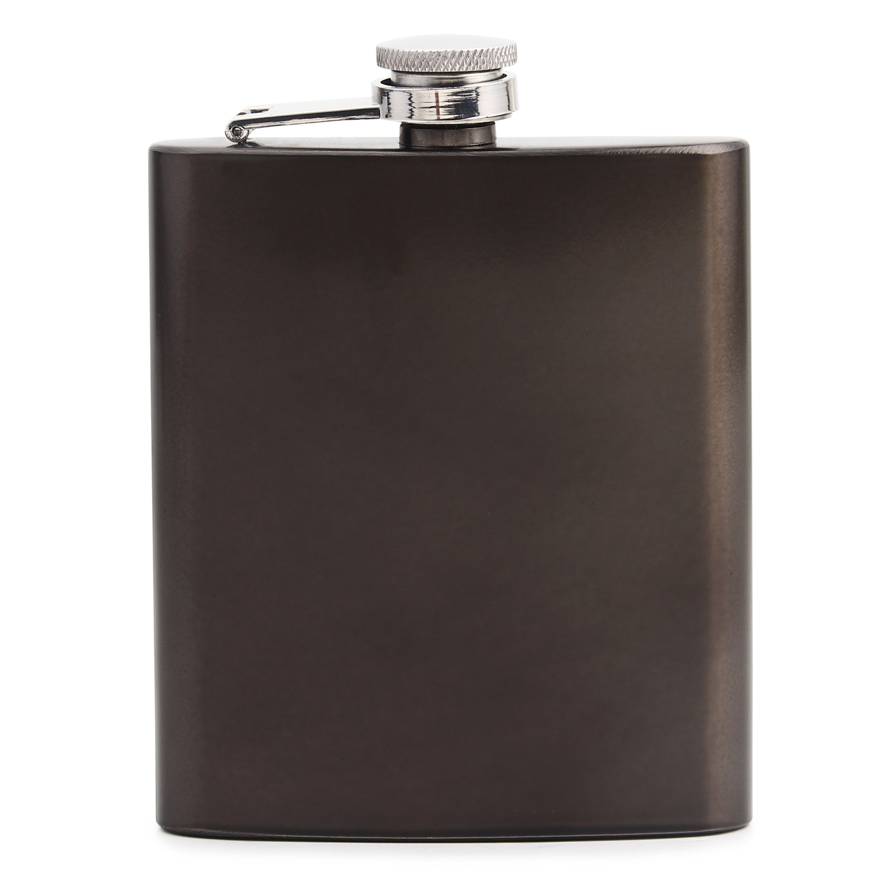 Close-up of black hip flask showing detailed view of stainless steel knurled screw cap and hinged mechanism