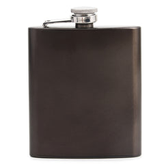 Close-up of black hip flask showing detailed view of stainless steel knurled screw cap and hinged mechanism