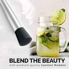 Premium quality cocktail muddler making mojito in mason jar with lime garnish and text "blend the beauty"