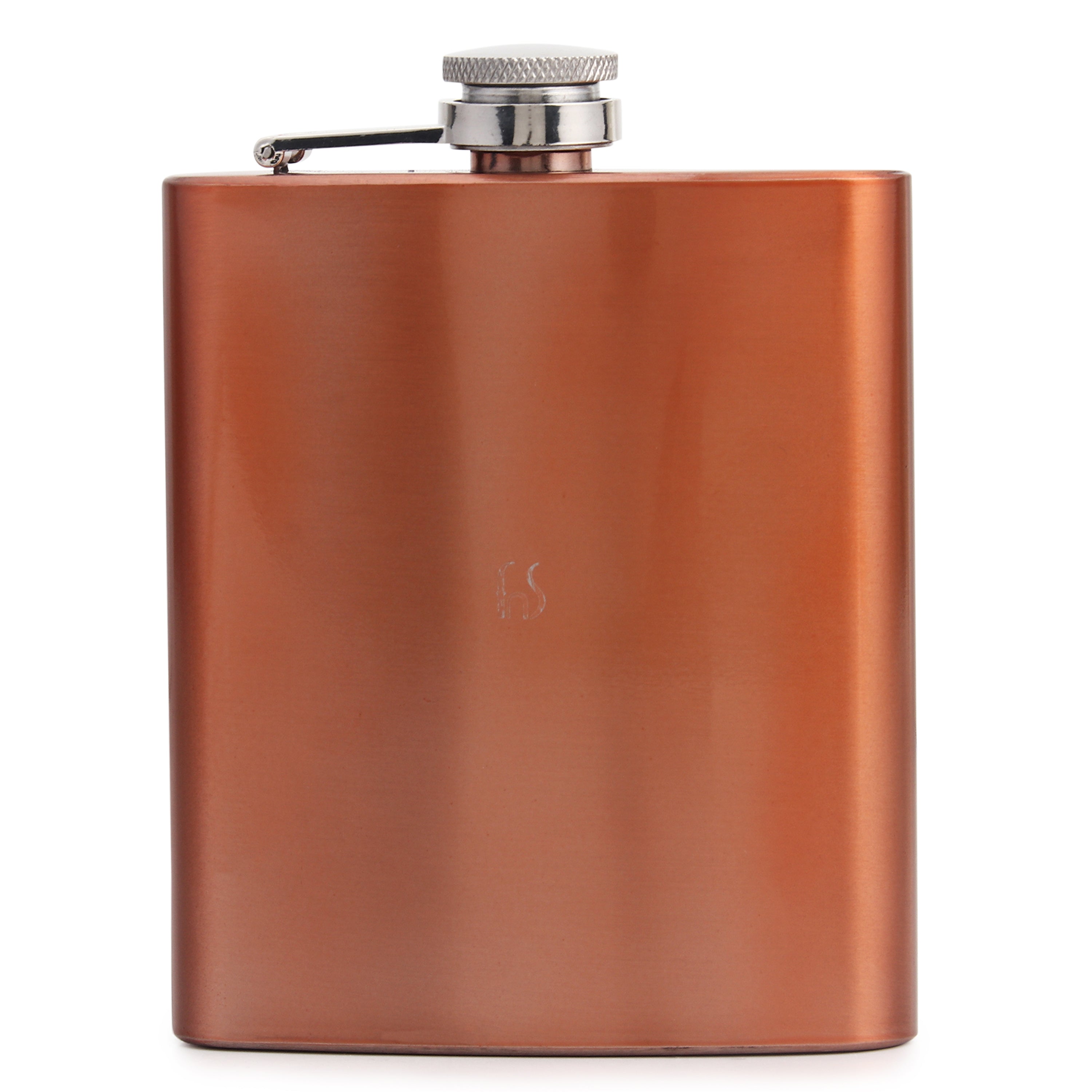 Premium copper brushed finish hip flask with knurled stainless steel cap and hinged attachment on white background
