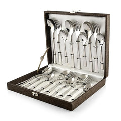 Organized stainless steel cutlery set in storage box, showcasing spoons, forks, and knives neatly arranged.