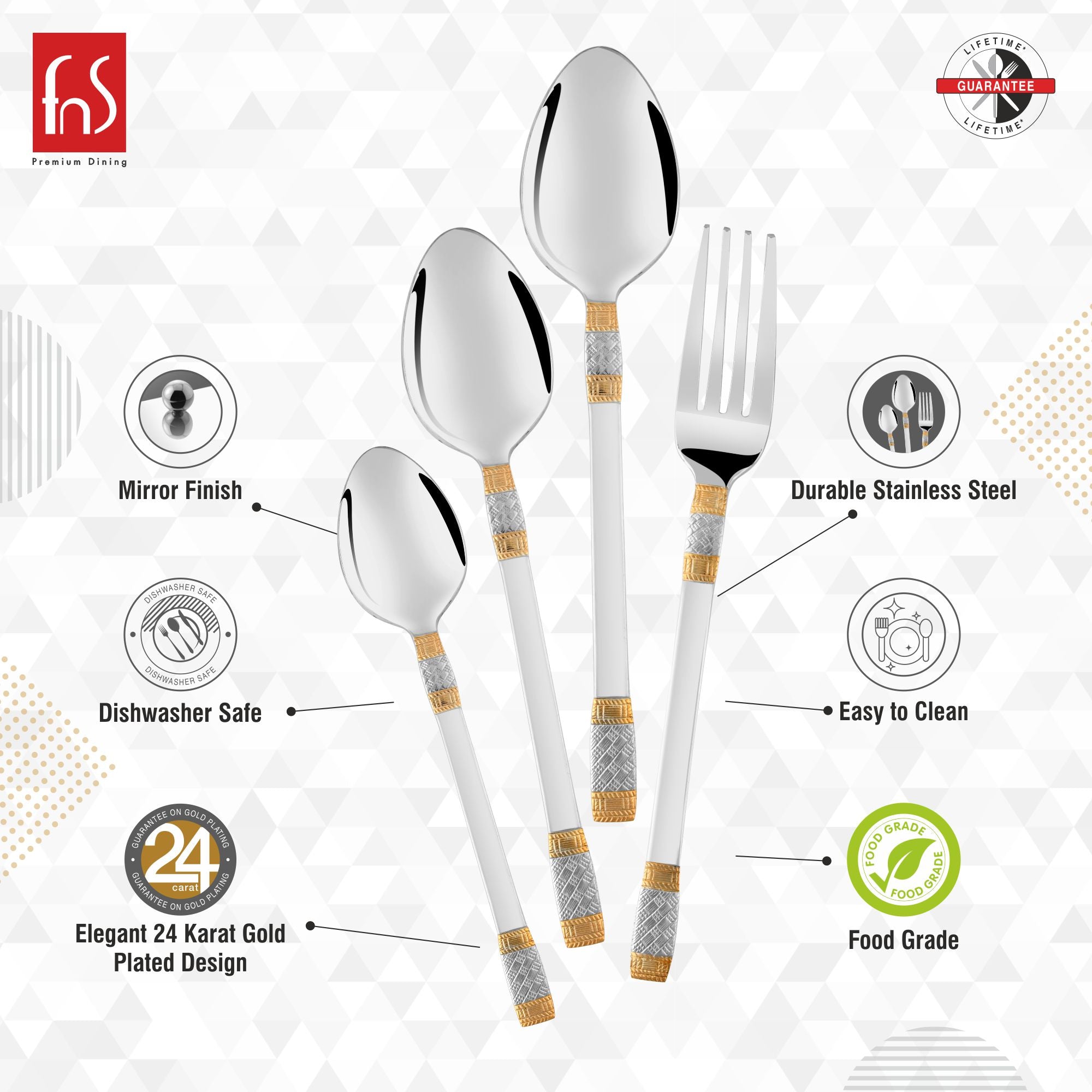 Stainless steel cutlery with 24K gold plated handles, mirror finish, dishwasher safe, food grade safe.