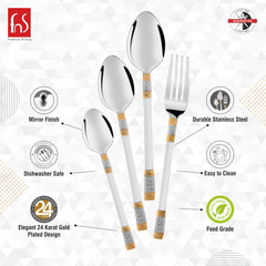 Stainless steel cutlery with 24K gold plated handles, mirror finish, dishwasher safe, food grade safe.