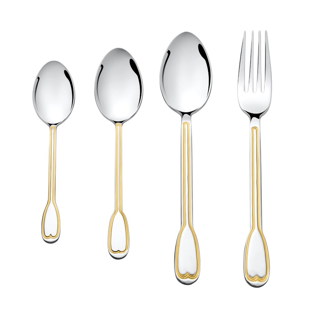 Fork and three spoons with gold accent handles arranged symmetrically on white background for display.