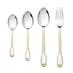 Fork and three spoons with gold accent handles arranged symmetrically on white background for display.