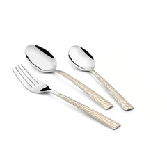 Three-piece cutlery set with diamond-patterned silver handles arranged diagonally on a clean white background.