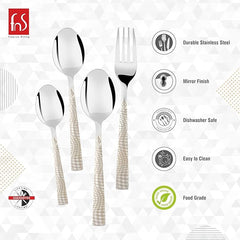 Set of four patterned-handle cutlery pieces with icons showing features like durability and food safety.