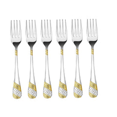 Six stainless steel forks with gold and silver decorative pattern handles against white background