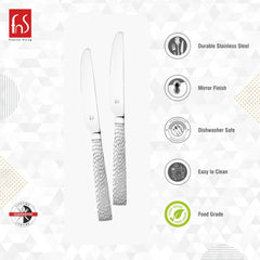 Two stainless steel dinner knives with mesh-textured handles featuring product icons: durable steel, mirror finish, dishwasher safe, easy clean, and food-grade safe.