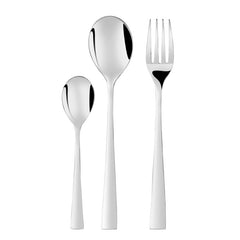 Minimalist stainless steel fork and spoons with tapering handles displayed vertically on white background.