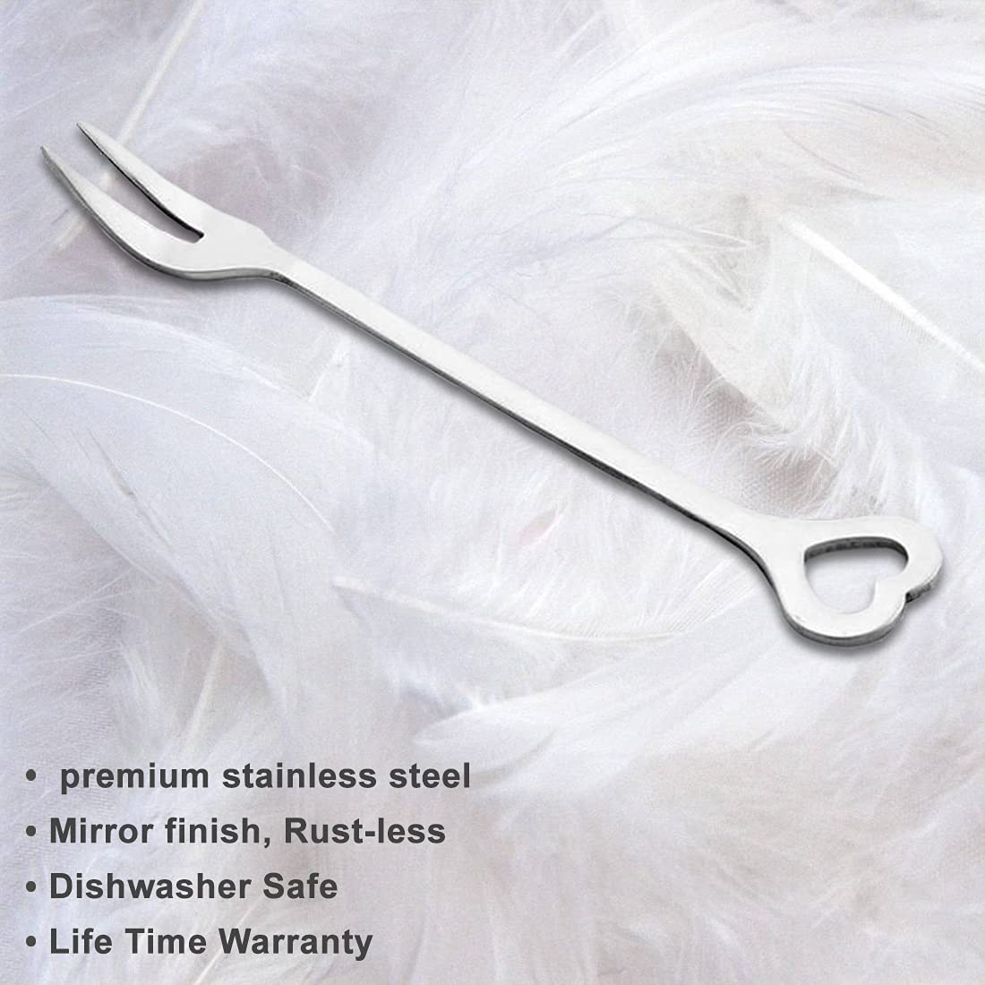 Single stainless steel heart-shaped fork with product features listed below