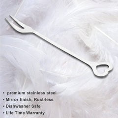 Single stainless steel heart-shaped fork with product features listed below