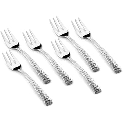 Six matching stainless steel forks with textured handles on white background