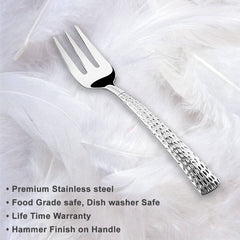 Single stainless steel fork with hammered handle and product features listed