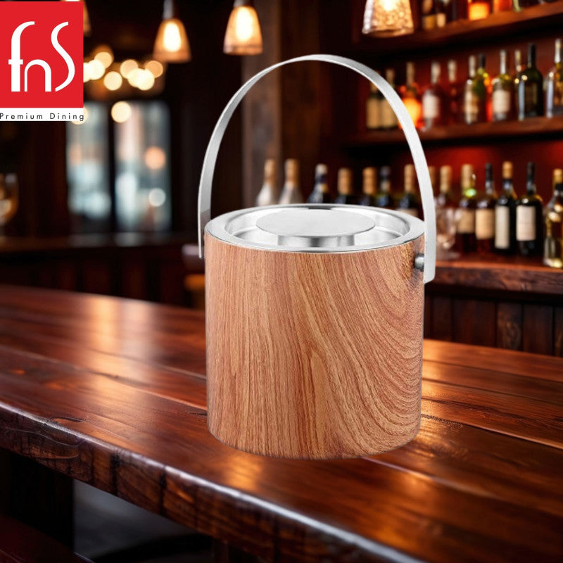 Premium wooden finish ice bucket on bar counter with blurred liquor bottles and ambient lighting in background